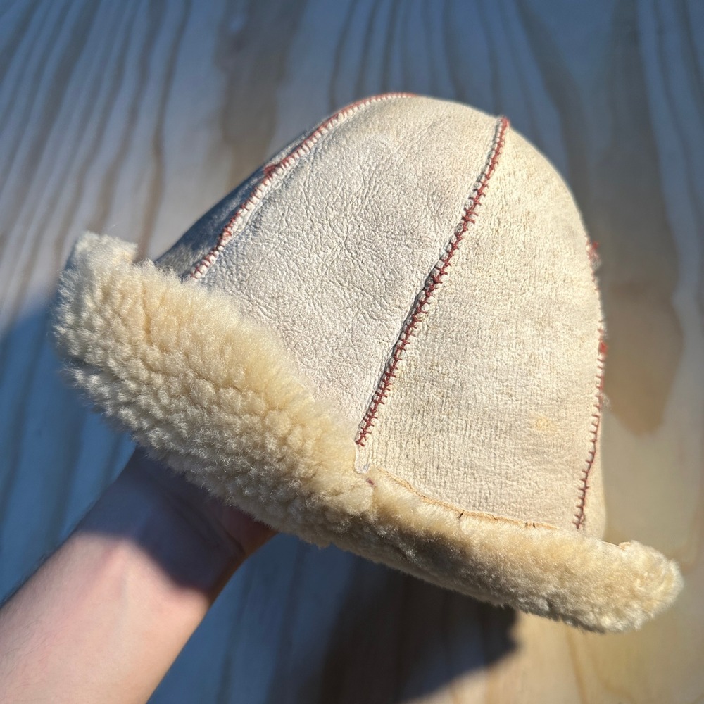 Vintage Hand Sewn Shearling Sheepskin Hat Cream Beige Suede Wool Trapper Cap OS